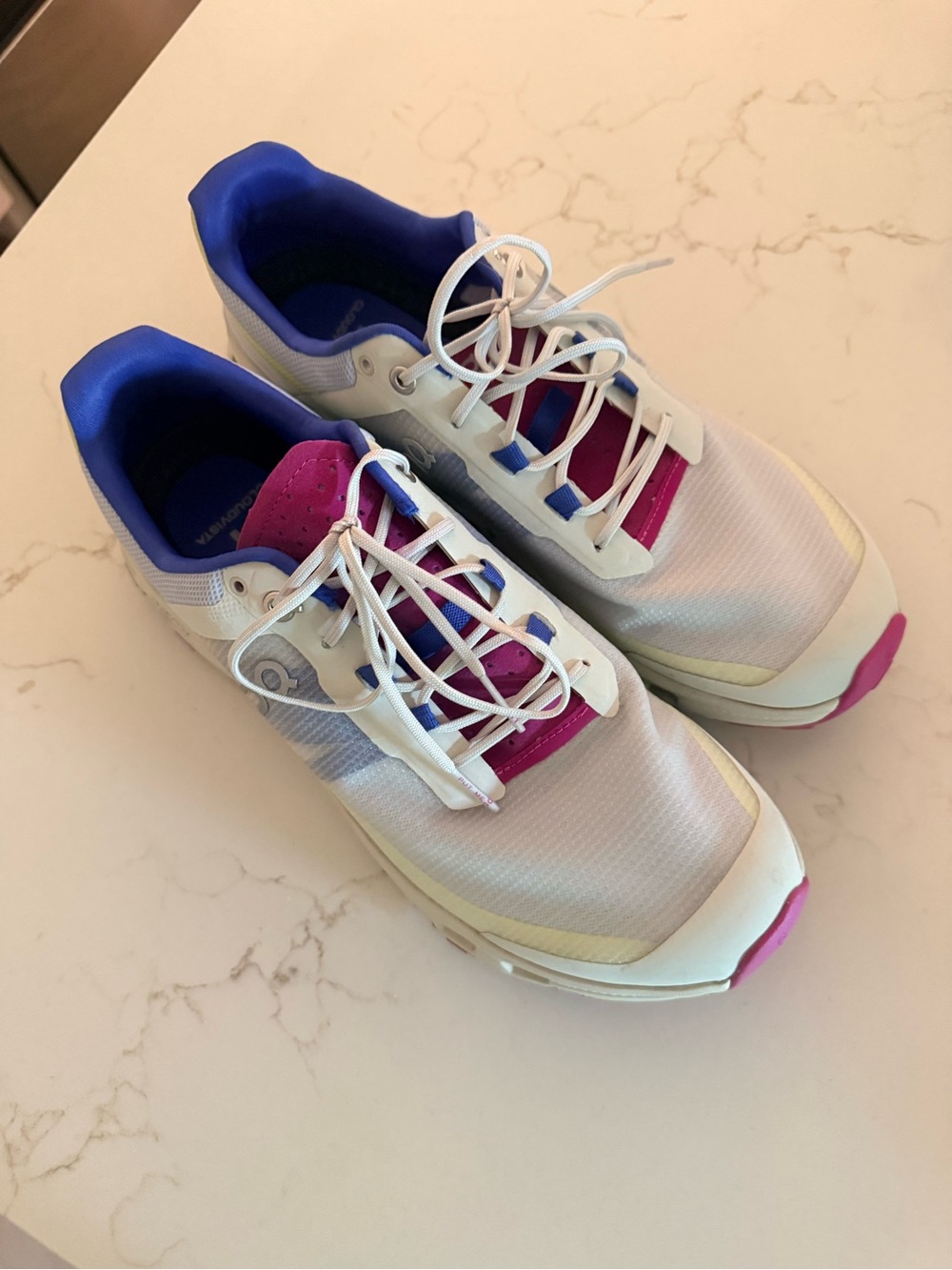 On Running Women's White Sneakers with Pink & Blue Accents